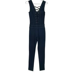 NWT Mebon Dark Wash Denim Lace Up Front Plung Neck Skinny Jumpsuit Women Small